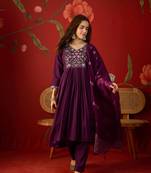 Wine embroidered roman anarkali kurta pant & banarasi jacquard dupatta set