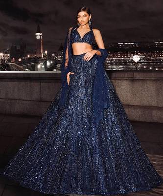 navy blue coloer sequins Dori work Net lehenga Choli Set  1