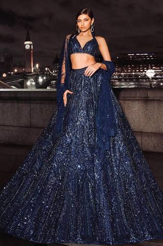 navy blue coloer sequins Dori work Net lehenga Choli Set 