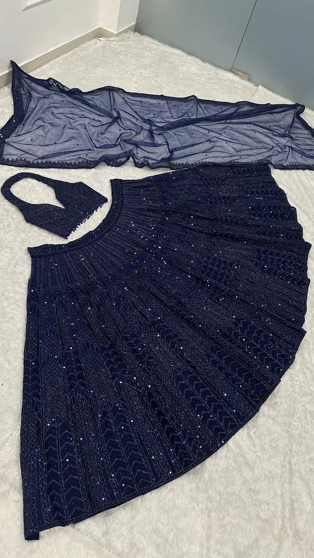navy blue coloer sequins Dori work Net lehenga Choli Set 