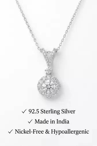 925 Sterling Silver Halo Solitaire CZ Pendant Necklace Set for Women