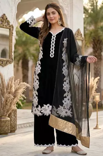 Black Color Embroidery Work Silk Blend Salwar Suit