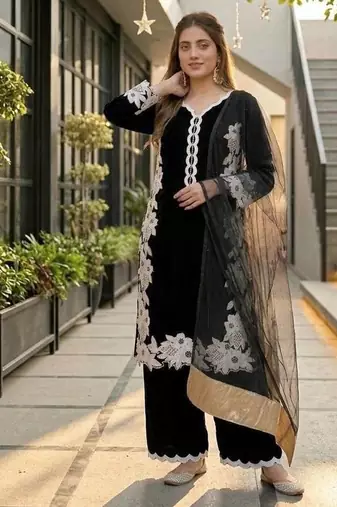 Black Color Embroidery Work Silk Blend Salwar Suit