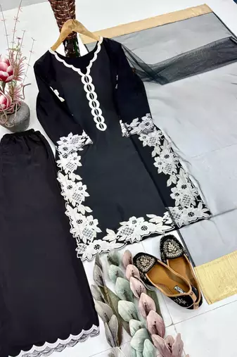 Black Color Embroidery Work Silk Blend Salwar Suit