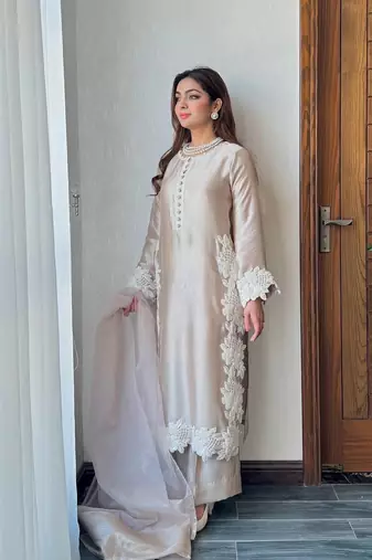 Cream Color Embroidery Work Silk Blend Salwar Suit