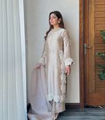 Cream Color Embroidery Work Silk Blend Salwar Suit