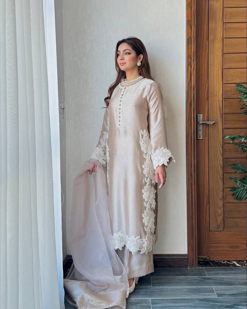 Cream Color Embroidery Work Silk Blend Salwar Suit