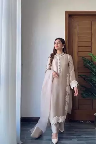 Cream Color Embroidery Work Silk Blend Salwar Suit