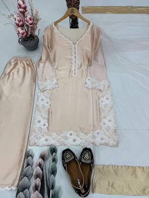 Cream Color Embroidery Work Silk Blend Salwar Suit 3