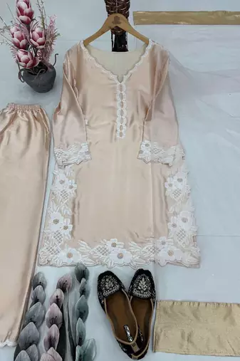 Cream Color Embroidery Work Silk Blend Salwar Suit