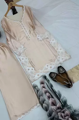 Cream Color Embroidery Work Silk Blend Salwar Suit