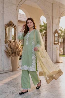 Light Green Color Embroidery Work Silk Blend Salwar Suit 1