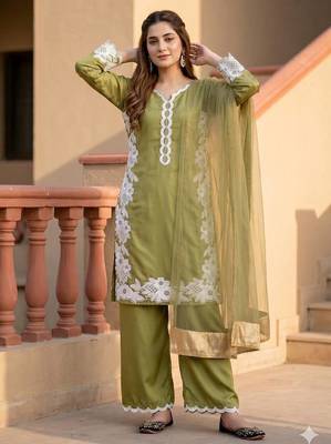Olive Color Embroidery Work Silk Blend Salwar Suit 2