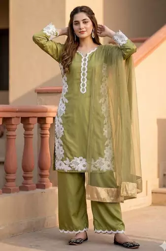 Olive Color Embroidery Work Silk Blend Salwar Suit