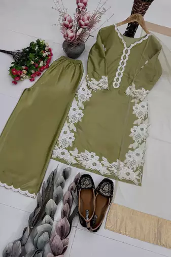 Olive Color Embroidery Work Silk Blend Salwar Suit