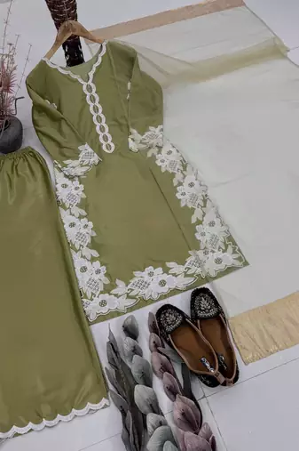 Olive Color Embroidery Work Silk Blend Salwar Suit
