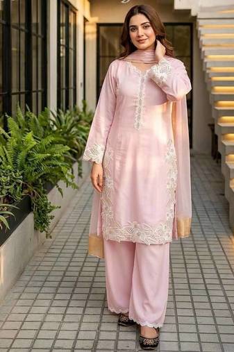 Pink Color Embroidery Work Silk Blend Salwar Suit