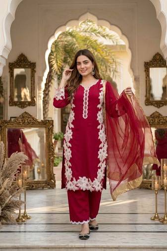 Red Color Embroidery Work Silk Blend Salwar Suit