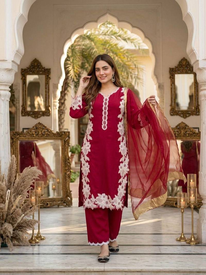 Red Color Embroidery Work Silk Blend Salwar Suit