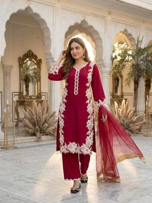 Red Color Embroidery Work Silk Blend Salwar Suit 2