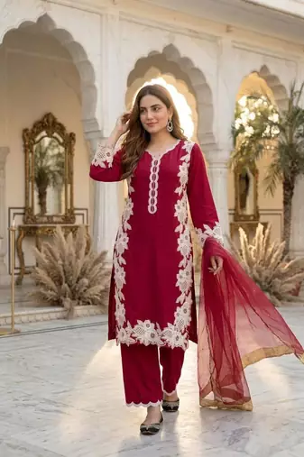 Red Color Embroidery Work Silk Blend Salwar Suit