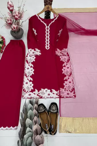 Red Color Embroidery Work Silk Blend Salwar Suit
