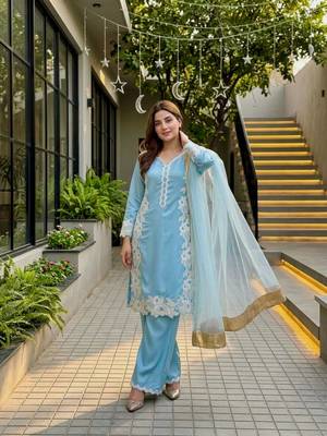 Sky Blue Color Embroidery Work Silk Blend Salwar Suit 1