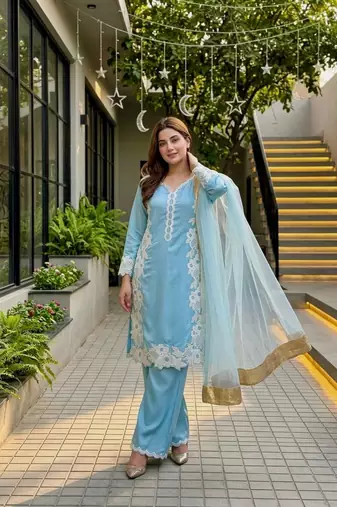 Sky Blue Color Embroidery Work Silk Blend Salwar Suit