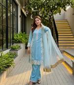 Sky Blue Color Embroidery Work Silk Blend Salwar Suit