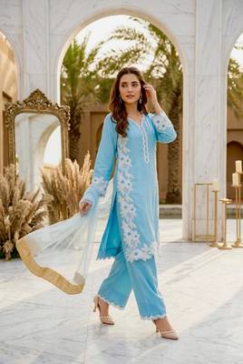 Sky Blue Color Embroidery Work Silk Blend Salwar Suit 2
