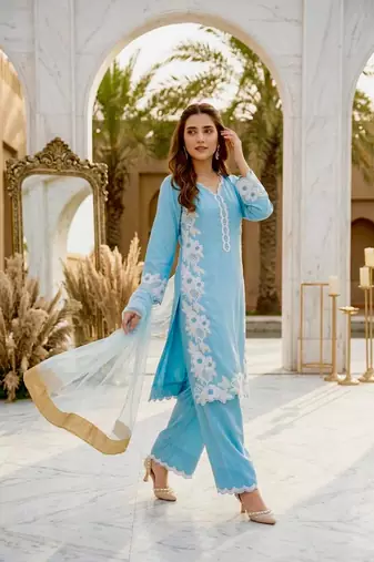 Sky Blue Color Embroidery Work Silk Blend Salwar Suit