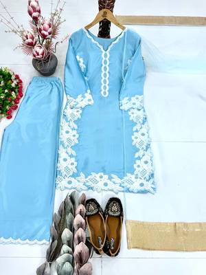 Sky Blue Color Embroidery Work Silk Blend Salwar Suit 3