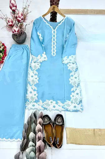 Sky Blue Color Embroidery Work Silk Blend Salwar Suit