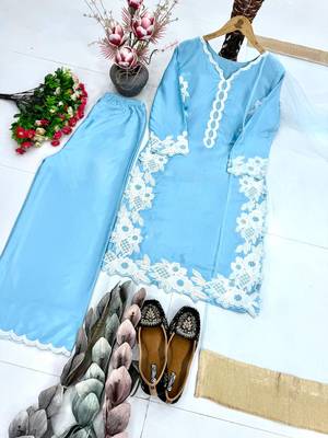 Sky Blue Color Embroidery Work Silk Blend Salwar Suit 4