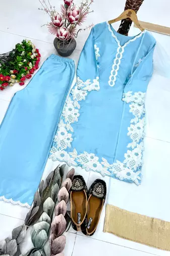Sky Blue Color Embroidery Work Silk Blend Salwar Suit