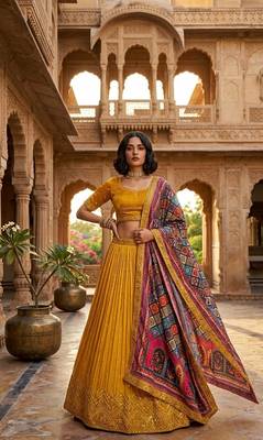 yellow color sequins thread work Chinon silk blend lehnga Choli Set 1