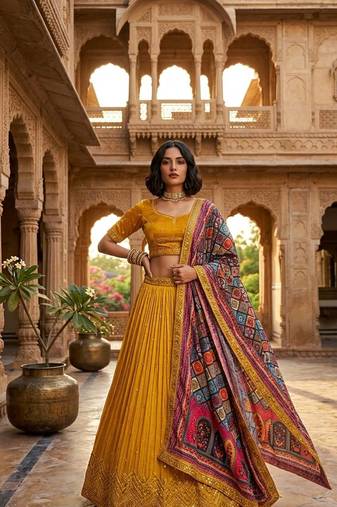 yellow color sequins thread work Chinon silk blend lehnga Choli Set