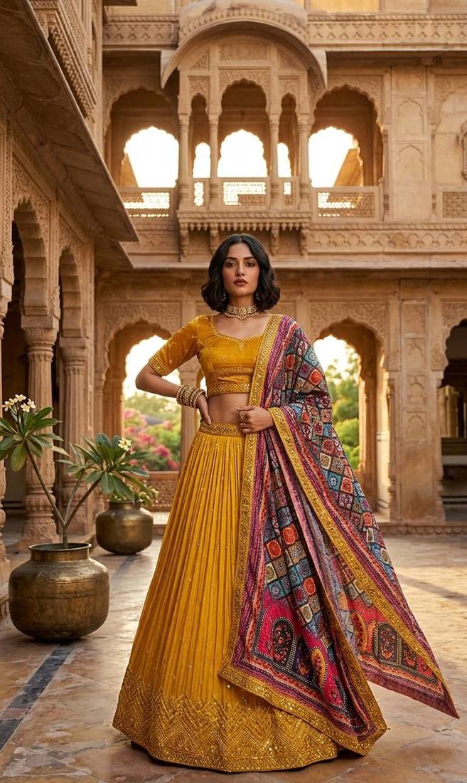 yellow color sequins thread work Chinon silk blend lehnga Choli Set
