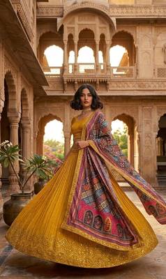 yellow color sequins thread work Chinon silk blend lehnga Choli Set 2