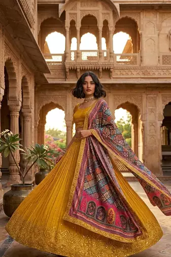 yellow color sequins thread work Chinon silk blend lehnga Choli Set