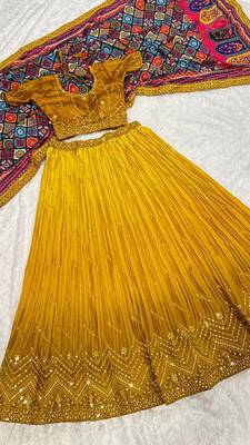 yellow color sequins thread work Chinon silk blend lehnga Choli Set 3