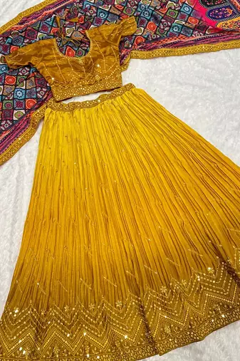 yellow color sequins thread work Chinon silk blend lehnga Choli Set
