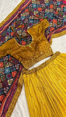 yellow color sequins thread work Chinon silk blend lehnga Choli Set 4