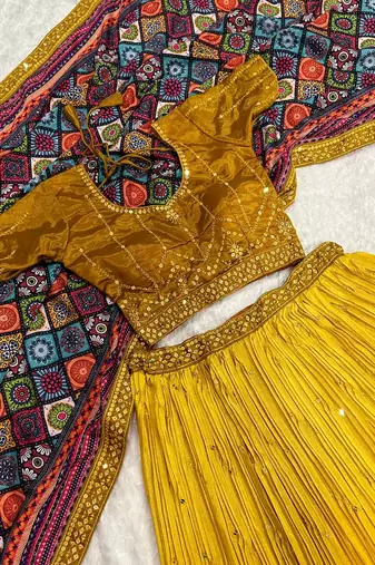 yellow color sequins thread work Chinon silk blend lehnga Choli Set