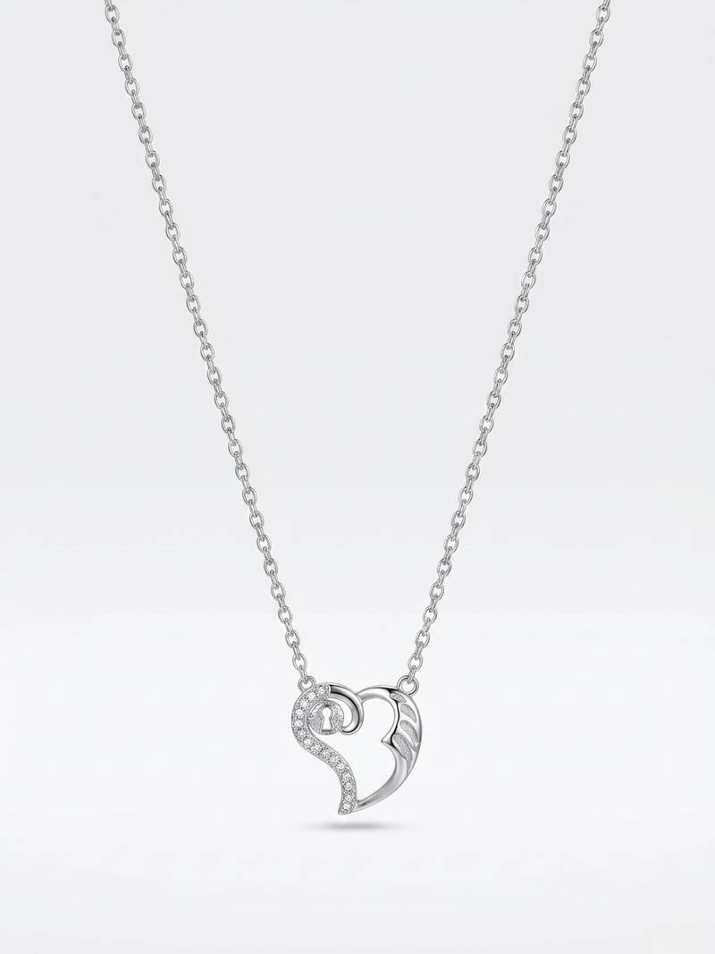 925 Sterling Silver Cubic Zirconia Open Heart  Lock Pendant Necklace Set for Women