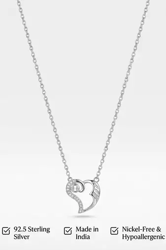 925 Sterling Silver Cubic Zirconia Open Heart  Lock Pendant Necklace Set for Women