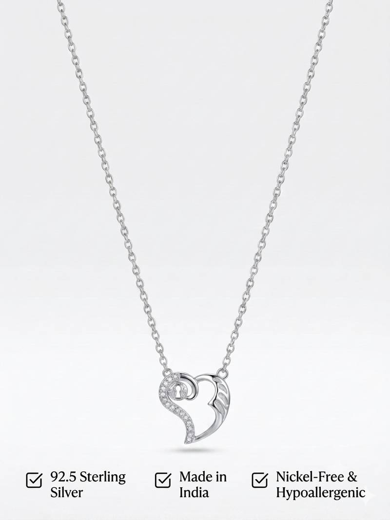 925 Sterling Silver Cubic Zirconia Open Heart  Lock Pendant Necklace Set for Women