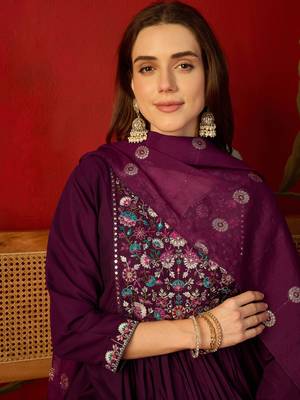 Wine embroidered roman anarkali kurta pant & banarasi jacquard dupatta set 2