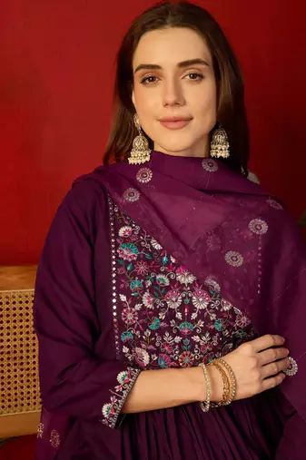 Wine embroidered roman anarkali kurta pant & banarasi jacquard dupatta set