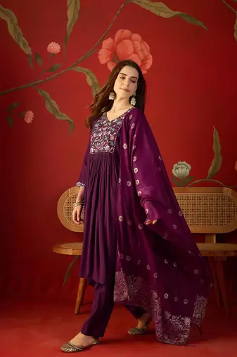 Wine embroidered roman anarkali kurta pant & banarasi jacquard dupatta set